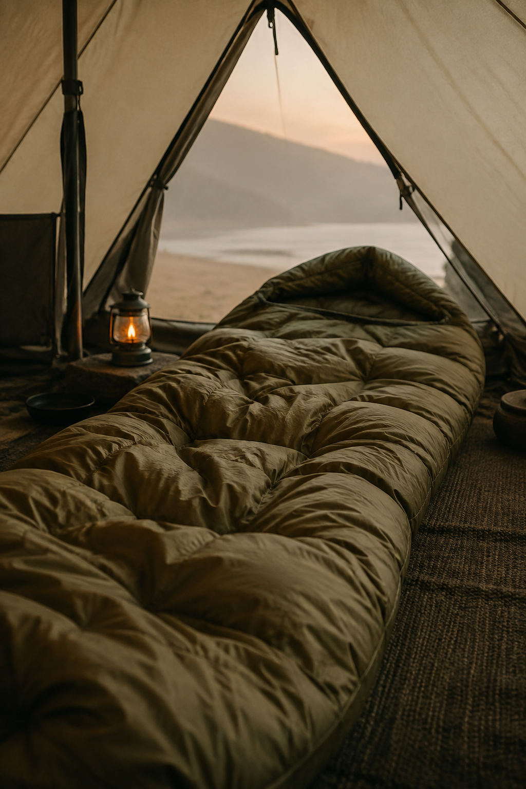 Down sleeping bag with high loft in dawn light inside a canvas tent