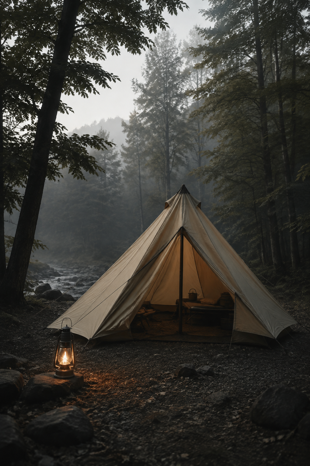 Polycotton one-pole tent in a misty forest clearing