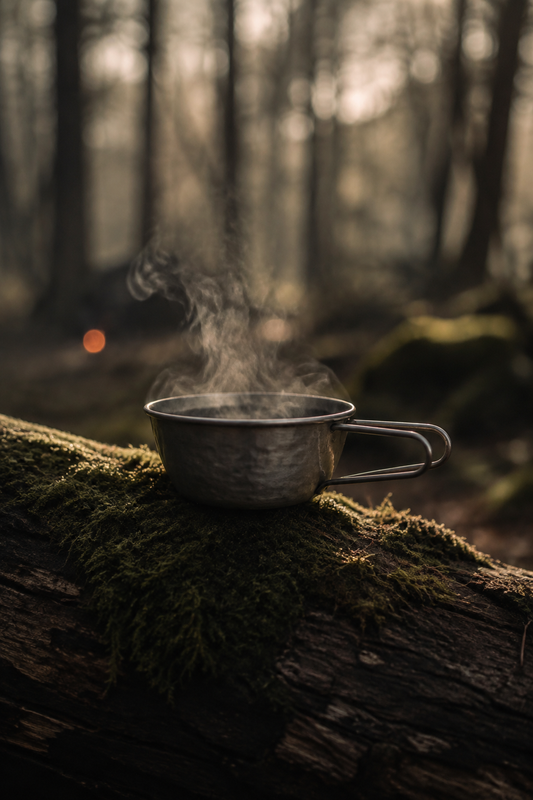 Titanium sierra cup steaming on a mossy log