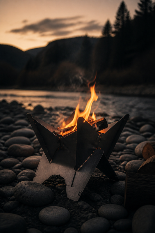 TABI titanium fire stand with a small fire at dusk