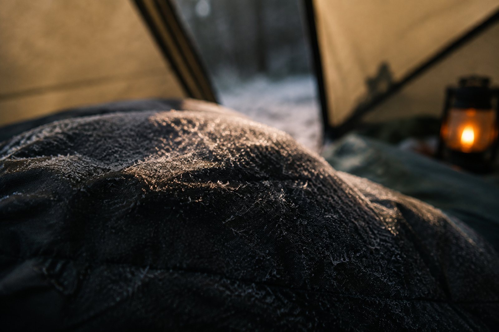 Frost crystals on the dark shell of a sleeping bag footbox in morning light