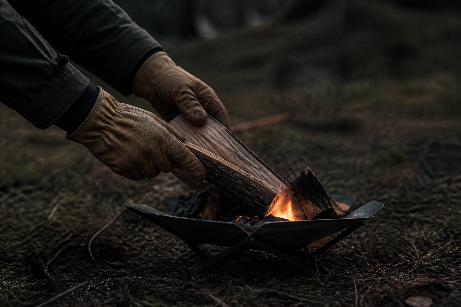 Gloved hands placing a split log onto a small fire in a flat titanium fire stand