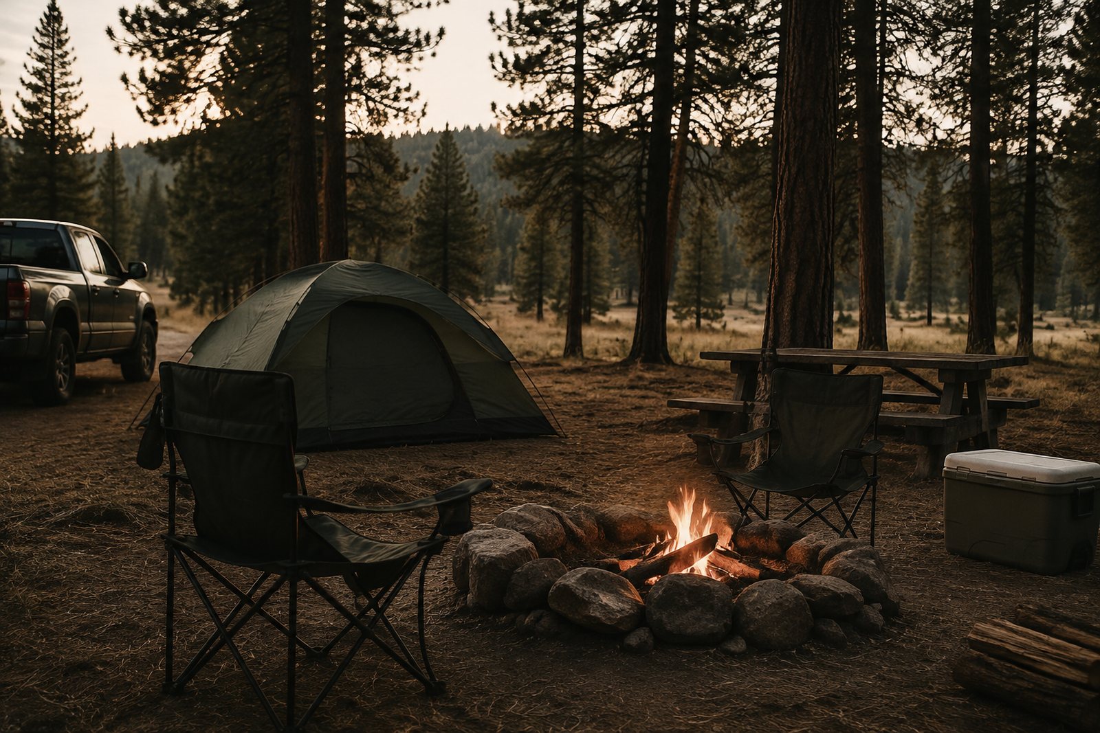 An American national forest campsite with a stone fire ring, a large dome tent, tall camp chairs and a cooler