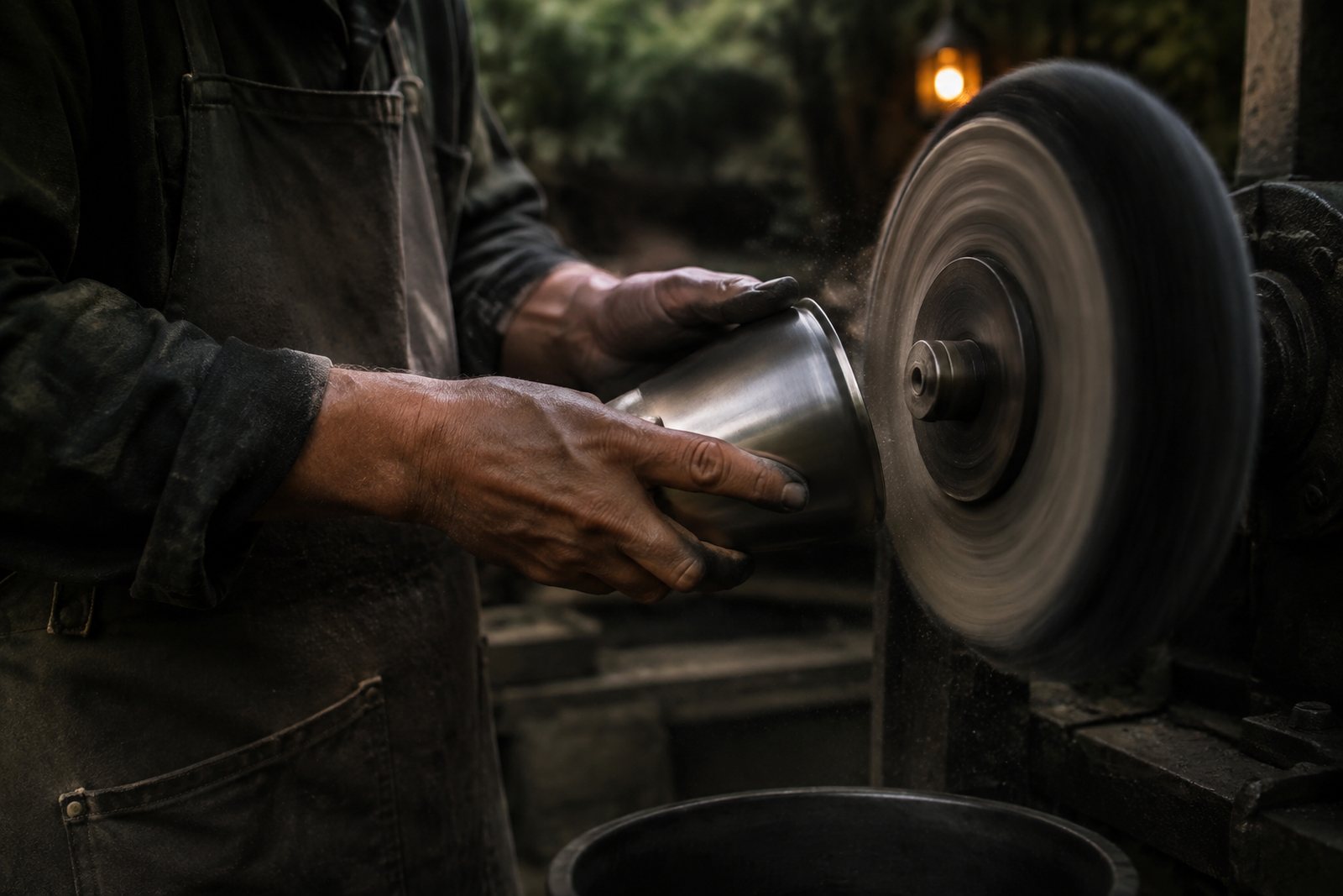 Hands polishing a titanium cup against a cloth buffing wheel in a workshop